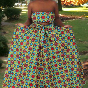 Hand Made African Print Full Skirt with Head Wrap (Red, Blue, Yellow Patterns
